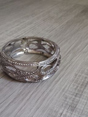 Silver Openwork Crystal-Accented Bangle Bracelet - Women's Jewelry